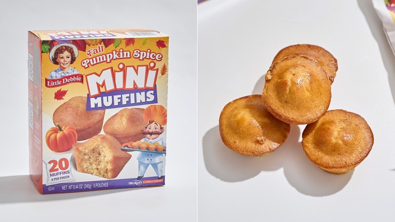 Box of Little Debbie Pumpkin Spice Muffins next to unwrapped muffins on a table.