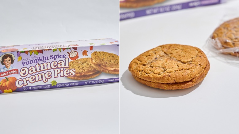 Little Debbie Pumpkin Spice Oatmeal Creme Pies box on a table next to an unwrapped pie.