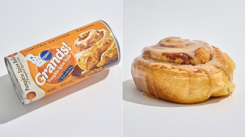 Roll of Pillsbury Grands! Pumpkin Spice Rolls next to a baked cinnamon roll