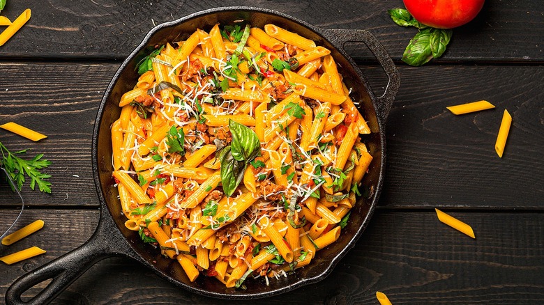 Penne pasta with tomato sauce, meat, shredded cheese, and fresh basil in a cast-iron skillet.