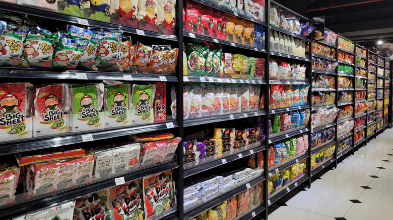 aisle of Asian snacks at supermarket