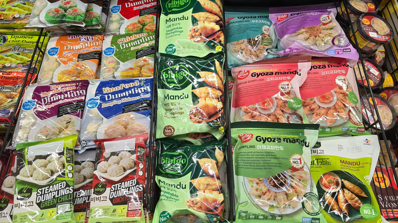 variety of frozen dumpling packages