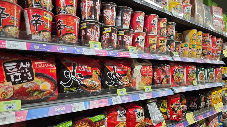 supermarket aisle of ramen noodles
