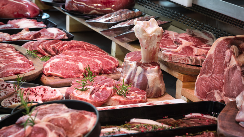 butchery display of raw meat