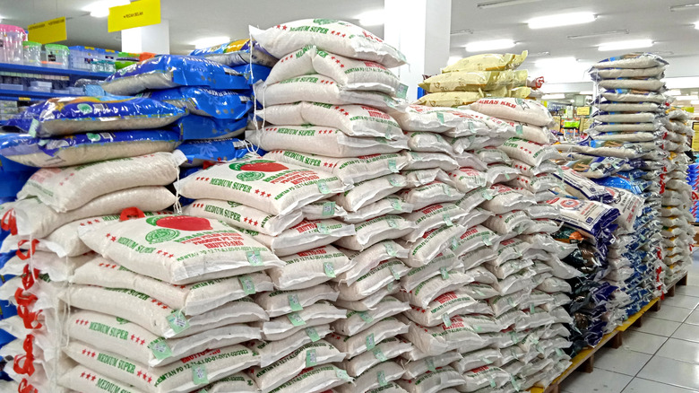 bags of rice at supermarket