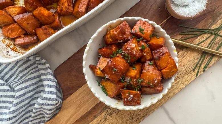 Candied yams in a dish and on a plate