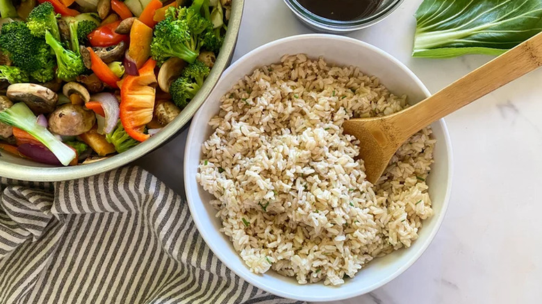 Brown rice in a bowl with veggies