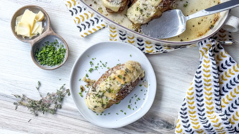 Hasselback potatoes on a plate