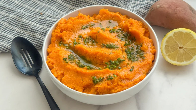 Whipped sweet potatoes in a bowl