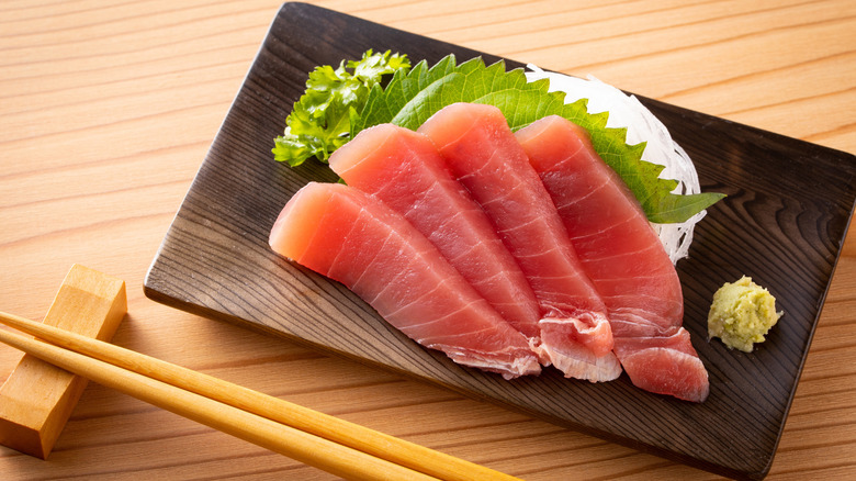 Tuna sashimi on wood plate