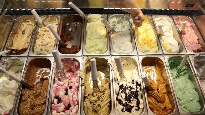 Array of ice cream flavors at an ice cream shop