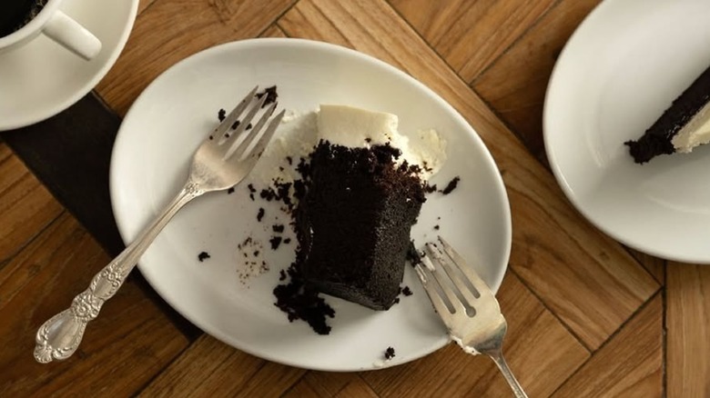 A piece of chocolate cake on a plate.