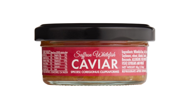 A glass jar of Saffron Whitefish caviar
