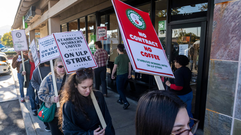 Starbucks workers on a union picket line