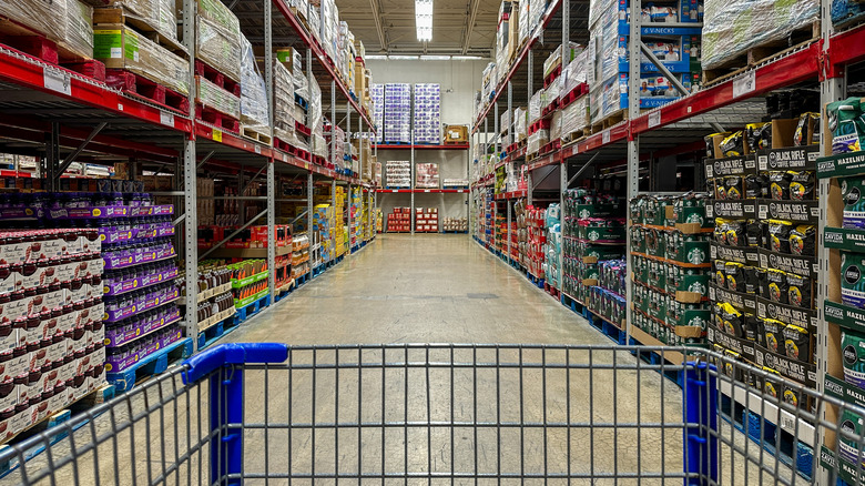 a cart in an aisle at Sam's Club