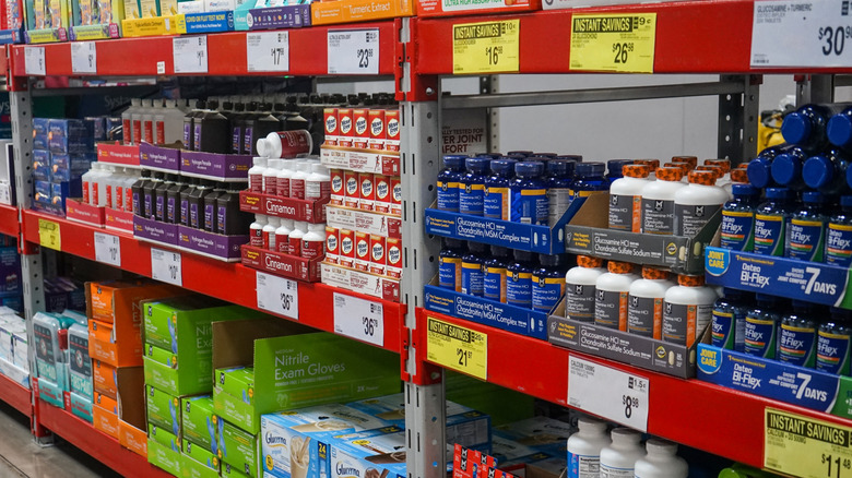 Row of medicine and health supplies at Sam's Club