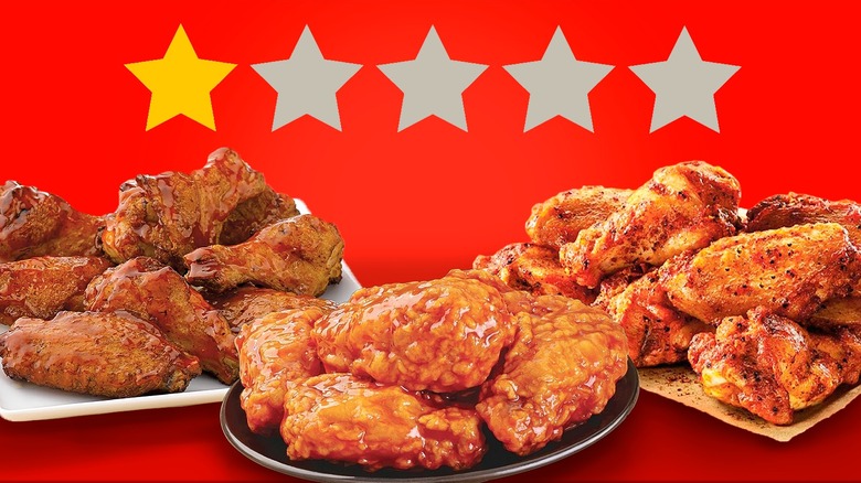 Fast food wings with a 1 out of 5 star rating on a red background