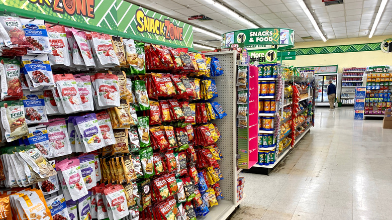 Dollar Tree food aisle, snack zone.