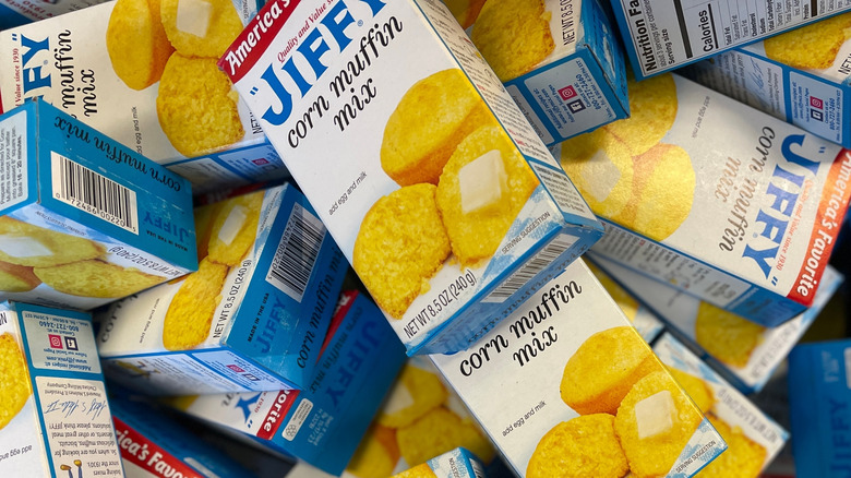 Pile of different Jiffy cornbread mix boxes.
