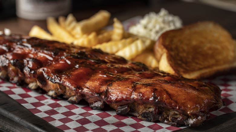 Shorty's Bar-B-Q ribs with fries, Texas toast, and potato salad