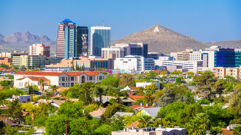 Downtown Tucson with the "A" on Sentinel Peak visible in the background