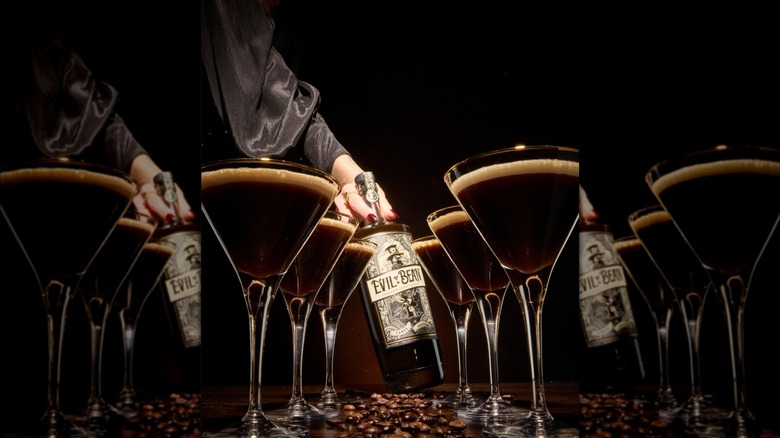 Evil Bean spirits in a bottle with rows of espresso martinis