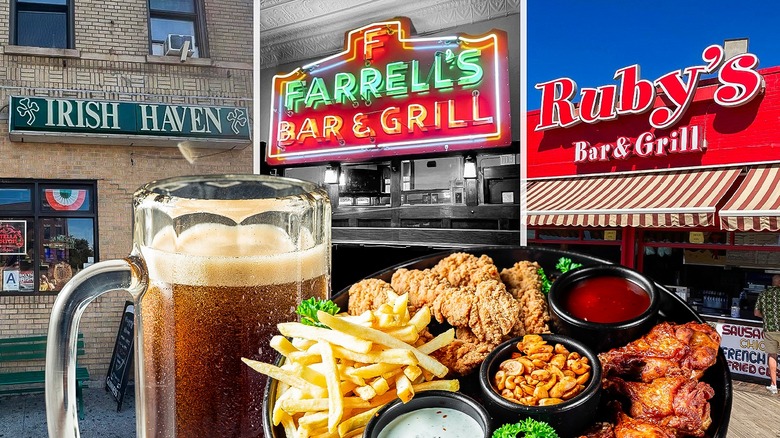 various restaurant exteriors and beer and food platter