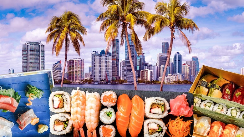 Miami's cityscape with fresh sushi