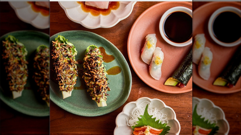 A vibrant presentation of various sush plates