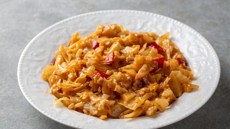 Braised cabbage on a white plate