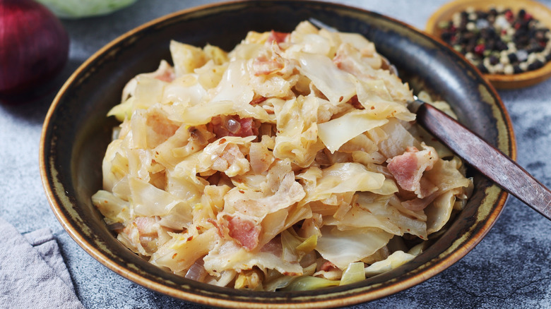 Southern fried cabbage with bacon in a bowl