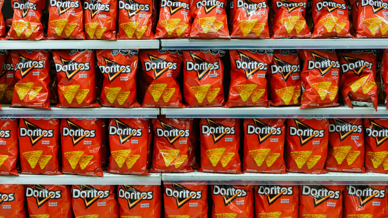 Doritos lined up on grocery store shelf