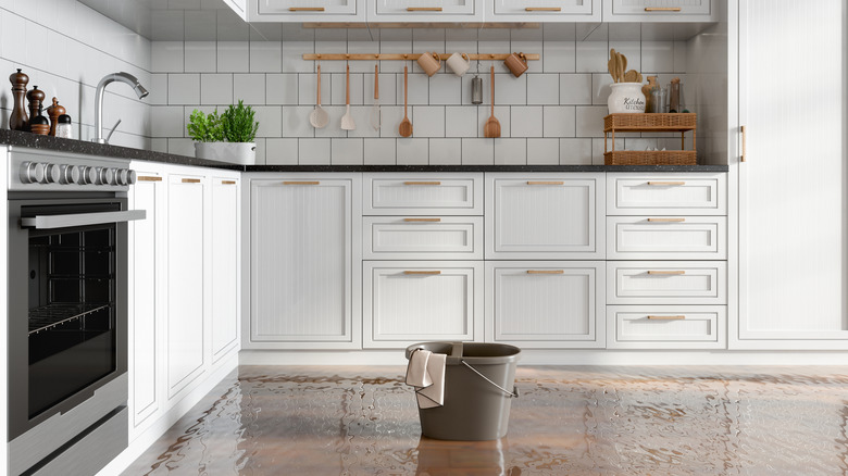 flood damage in an otherwise pristine kitchen