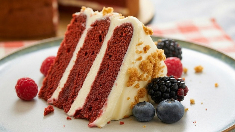 A slice of Red Velvet cake with berries