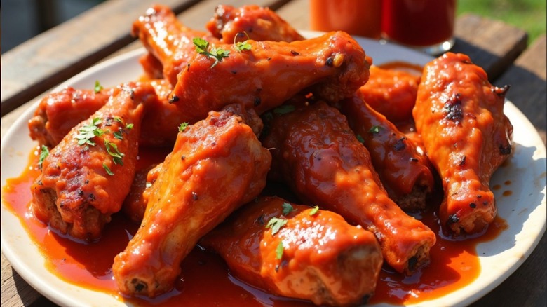 A plate of hot wings in a spicy red sauce