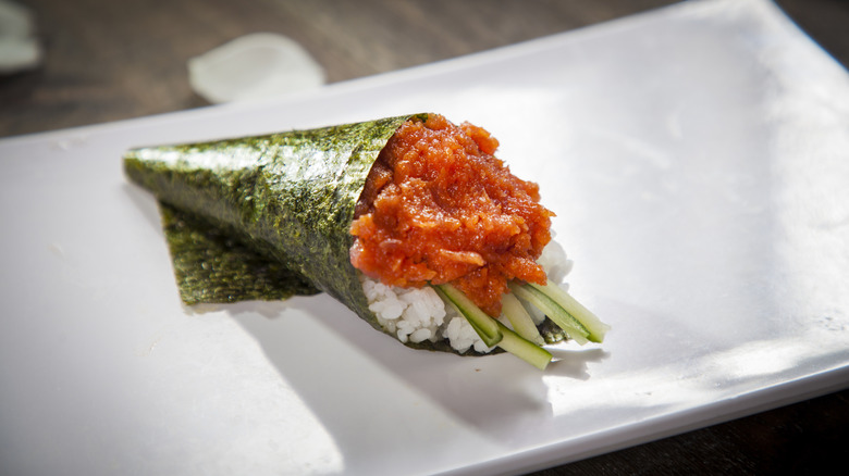 Tuna hand roll on a plate