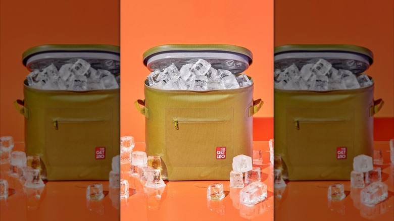 green cooler bag filled with and surrounded by ice on an orange background