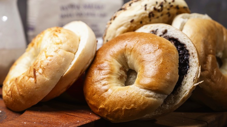 Close-up view of bagels sliced in half