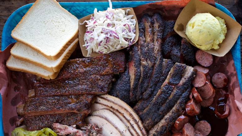 A tray of smoked meat and sides from Franklin BBQ