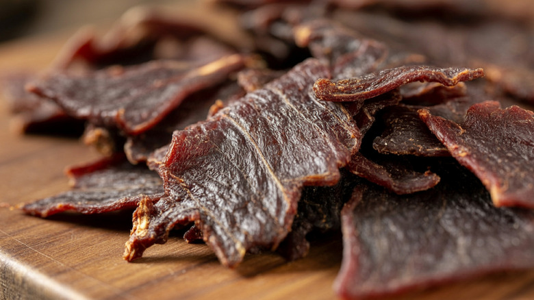Close up of beef jerky on a table