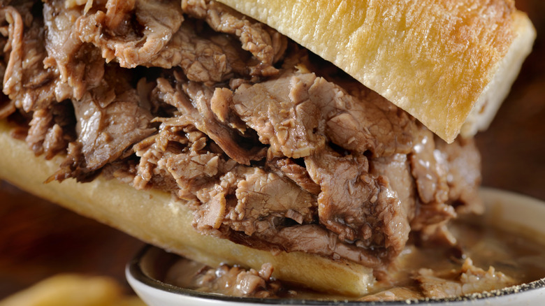 close up of a French dip sandwich
