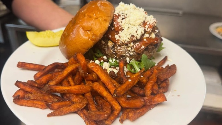 Burger and sweet potato fries at Foreside Tavern in Maine