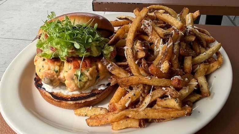 French fries with salmon burger at NaNaSteak in Durham, NC