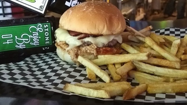 Messy burger and fries at JL Beers in Fargo, ND