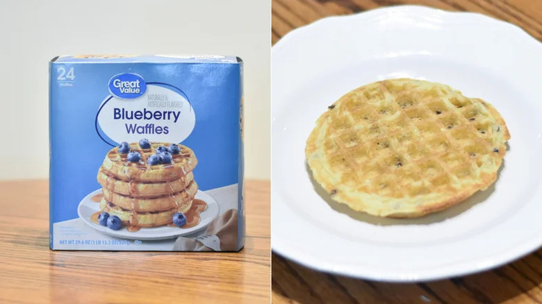 A box of Great Value blueberry waffles next to a plate with a cooked one