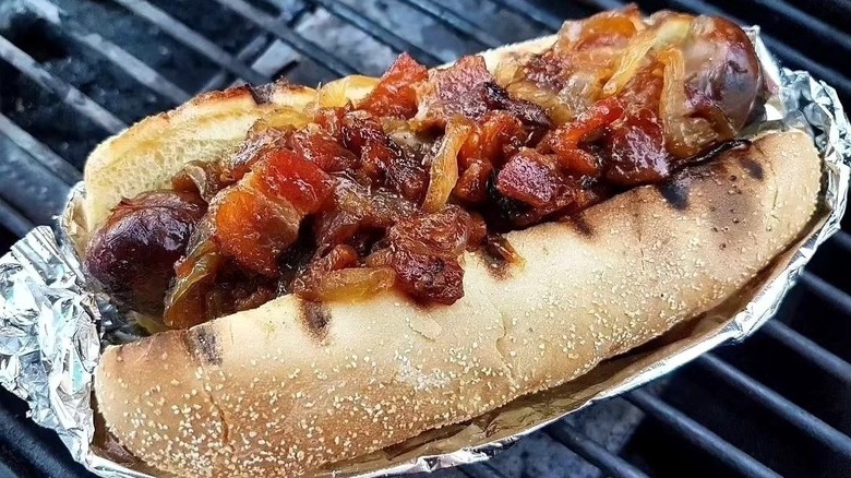 A reindeer hot dog with grilled onions on top