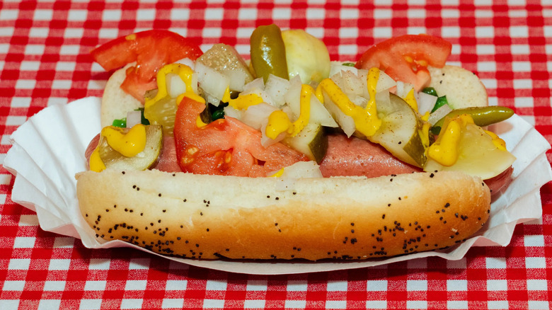 A hot dog with toppings in a poppy seed bun against a red-and-white tablecloth