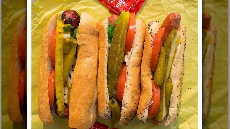 Three Chicago dogs in a line