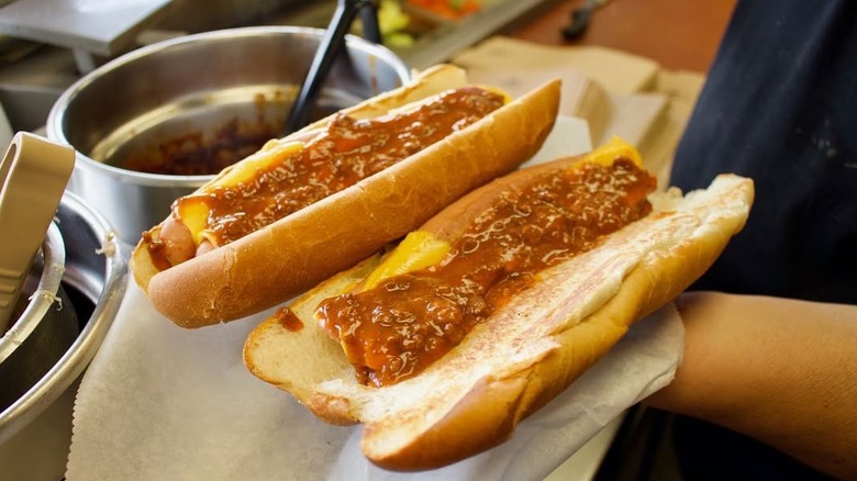 Two foot-long chili dogs