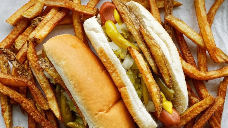 Two hot dogs on top of a bed of fries